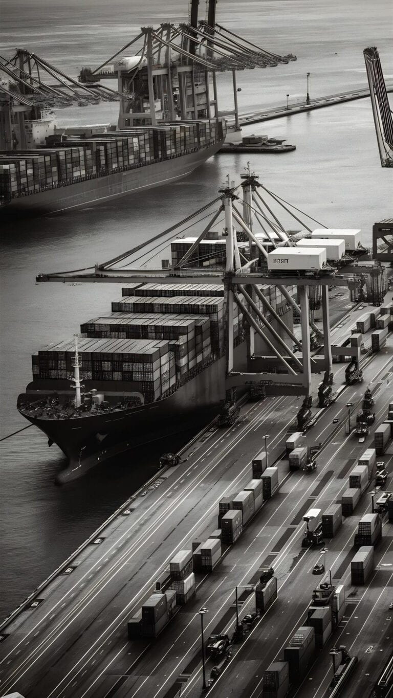 Cargo ship docked at port with stacked containers and loading cranes.